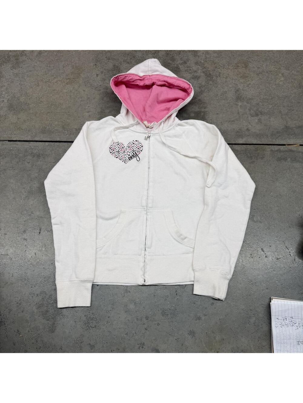 vintage roxy quiksilver white and pink zip up hoodie size medium WOMENS